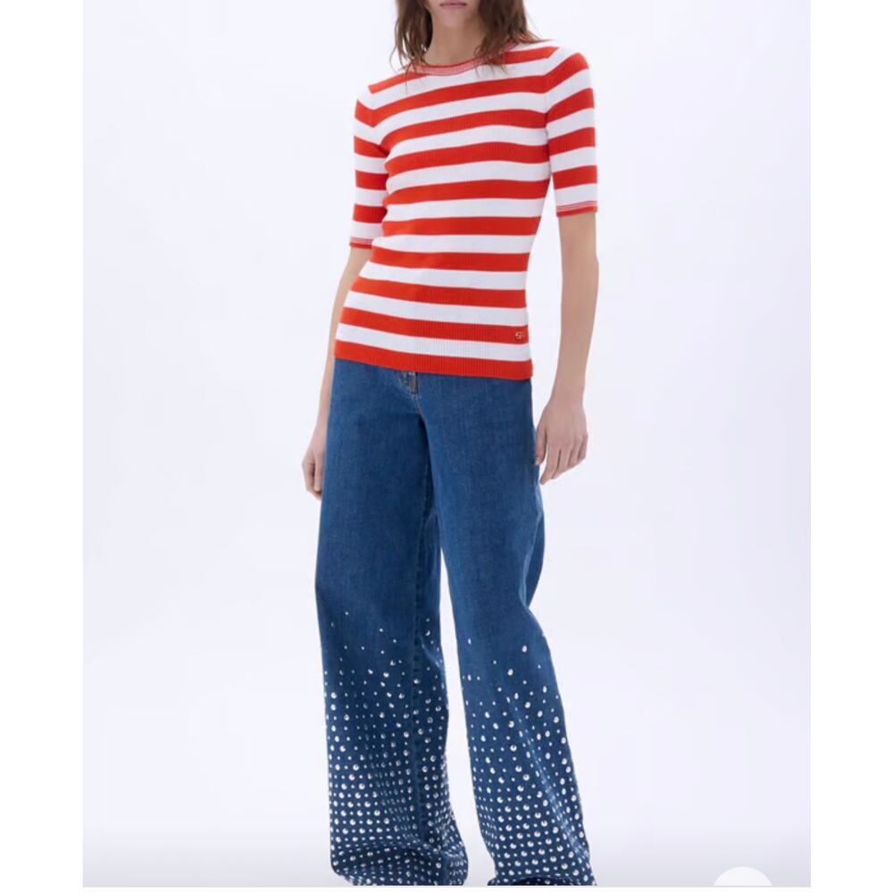 Sonia Rykiel Short Sleeve Stripe Sweater in Tangerine and White Stripe S - Picture 5 of 6